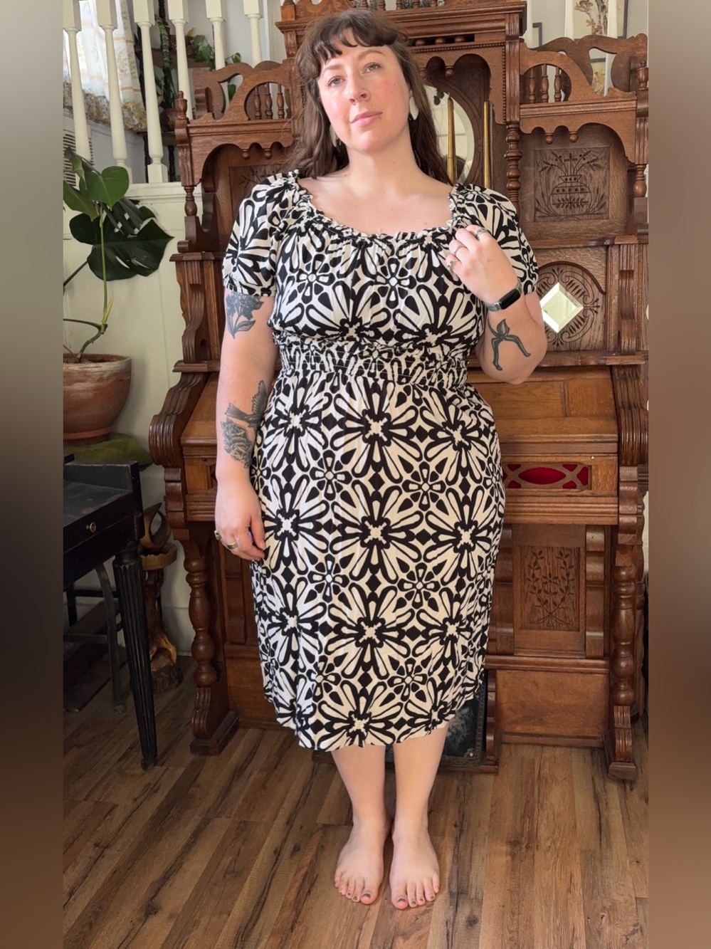 AUW black and white feminine boho linen rayon midi dress